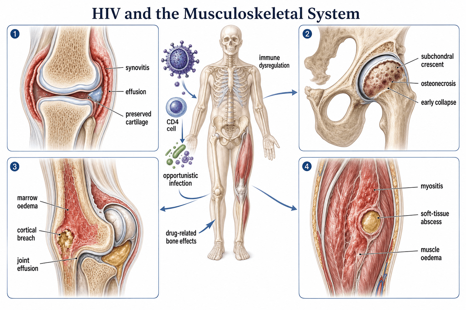 Illustrated spectrum of HIV-associated arthropathy osteonecrosis infection and pyomyositis