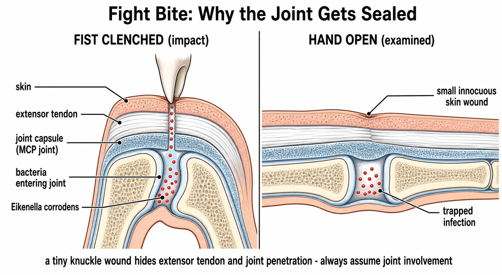 Two-panel schematic of the clenched-fist (fight bite) mechanism: with the fist clenched a tooth penetrates skin, extensor tendon and MCP joint capsule in line, seeding bacteria into the joint; when the hand opens the layers slide apart so a small skin wound seals the infection deep in the joint.