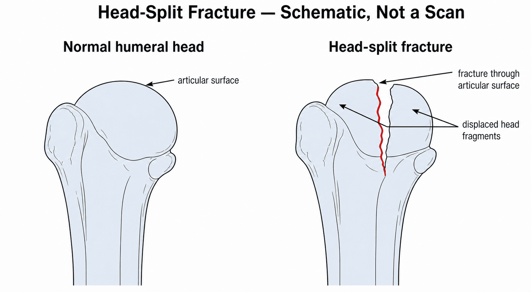 Schematic comparing a normal humeral head with a head-split fracture, showing a vertical fracture line through the articular surface separating the head into displaced fragments