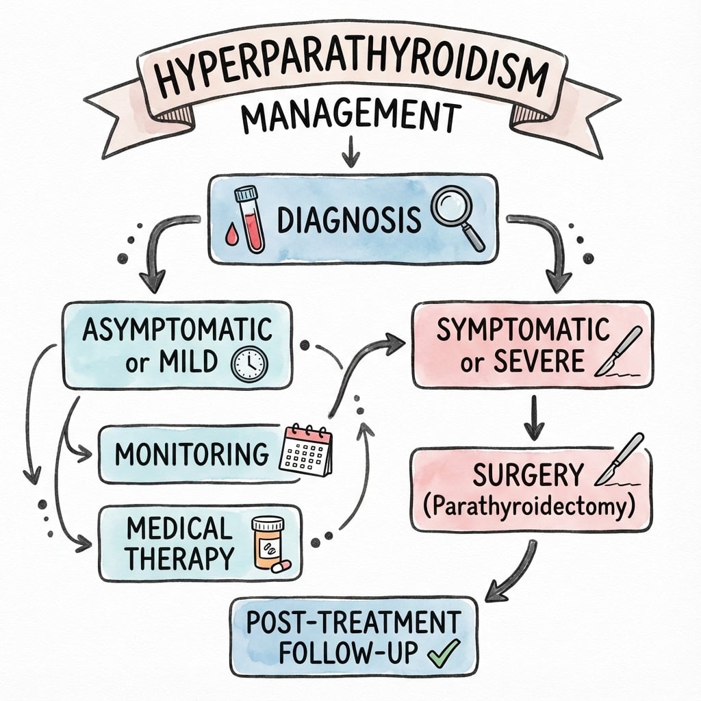 Flowchart of hyperparathyroidism management from diagnosis through asymptomatic monitoring or surgery to follow-up