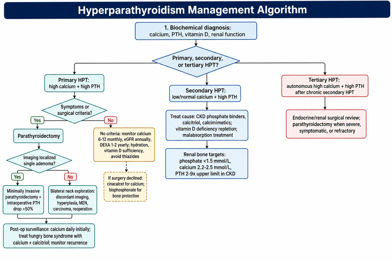 Flowchart of hyperparathyroidism management from diagnosis through asymptomatic monitoring or surgery to follow-up