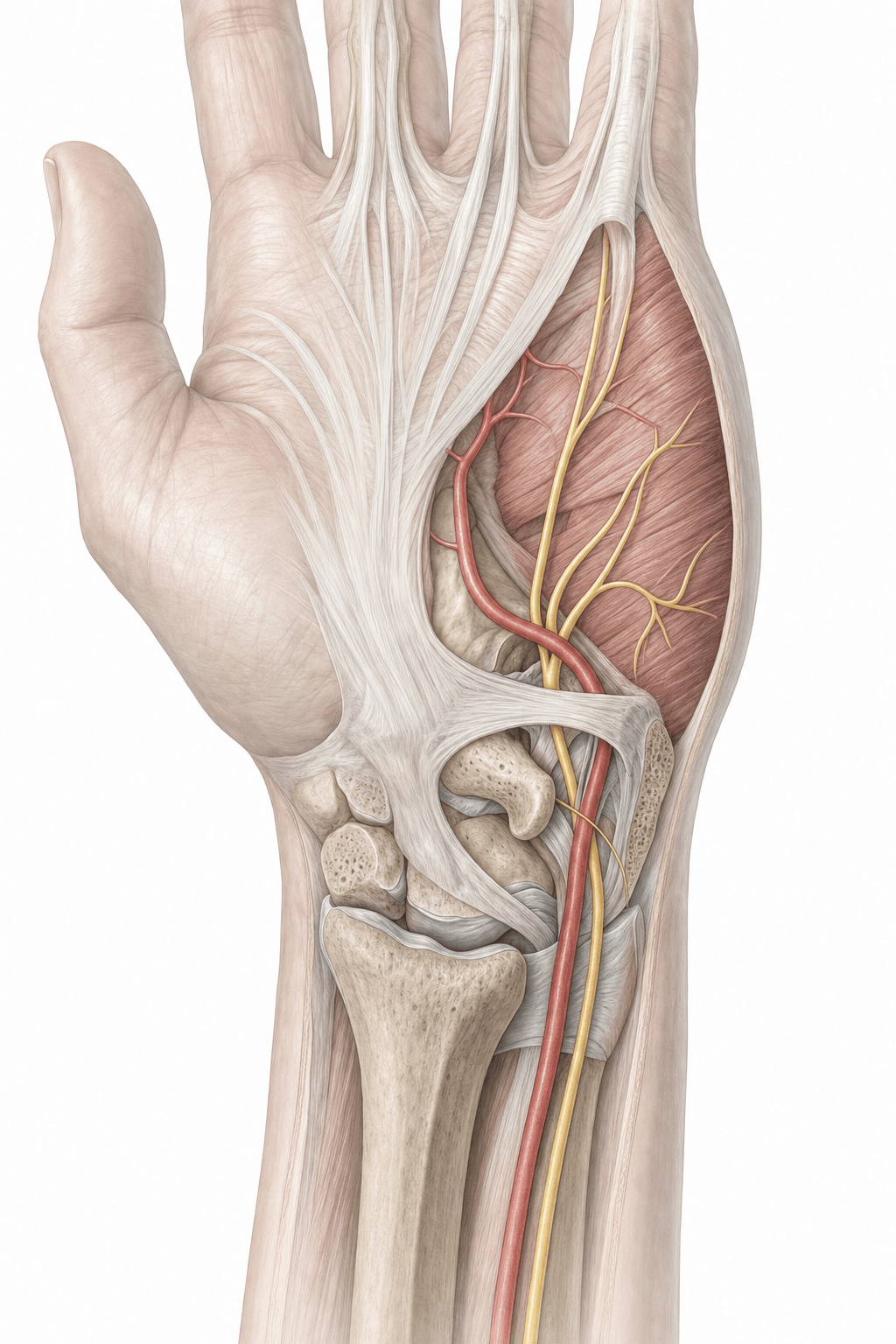 Anatomical illustration, palmar view of the wrist, showing the ulnar artery and ulnar nerve coursing through the ulnar side of the wrist into the palm beside the hypothenar muscles