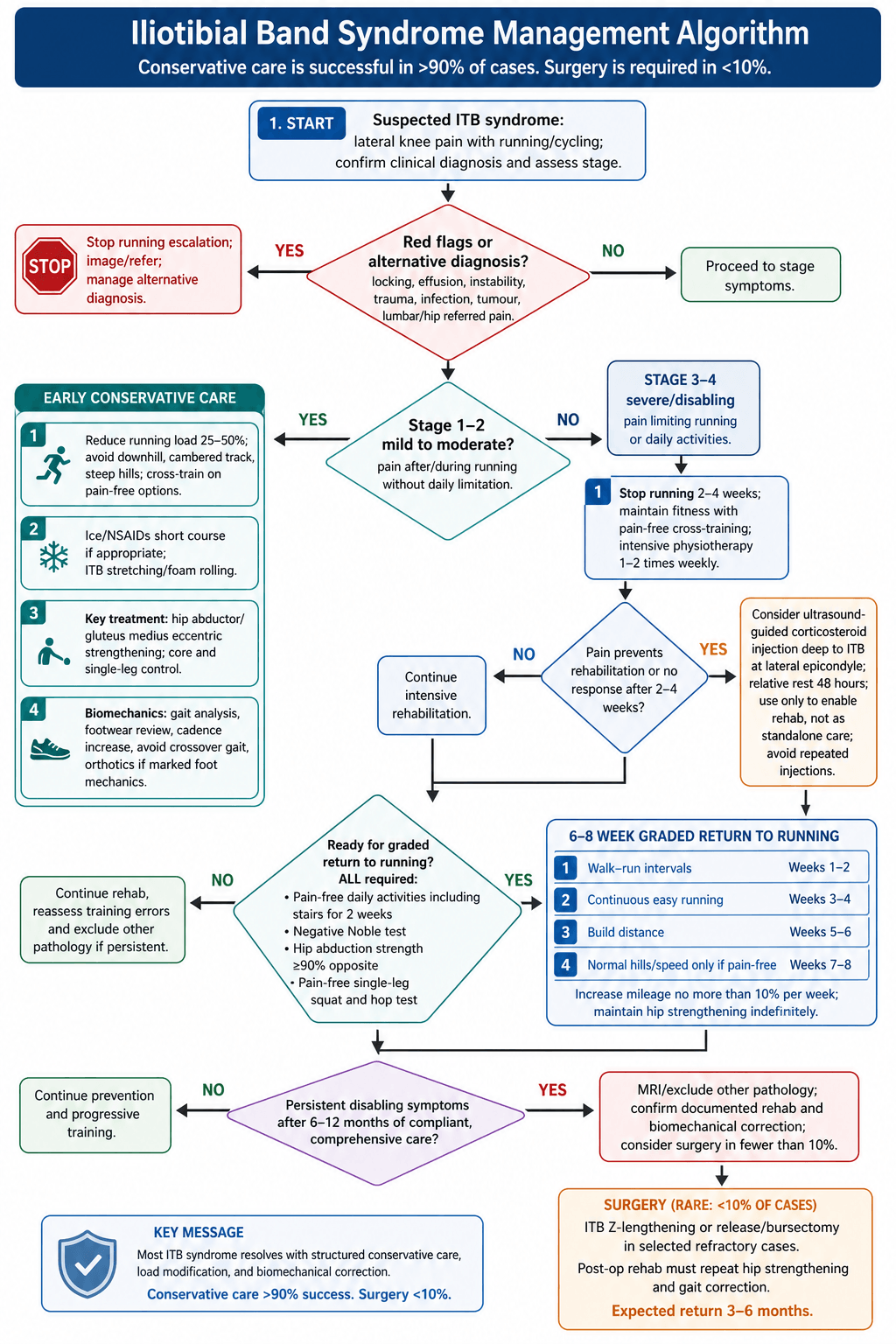 Management algorithm for iliotibial band syndrome from clinical diagnosis through staged conservative care to rare surgery.