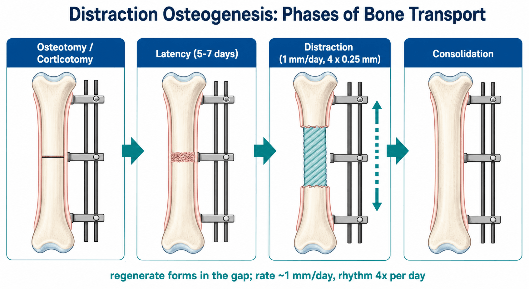 Diagram of the phases of distraction osteogenesis: corticotomy, latency, distraction with regenerate forming in the gap, and consolidation.