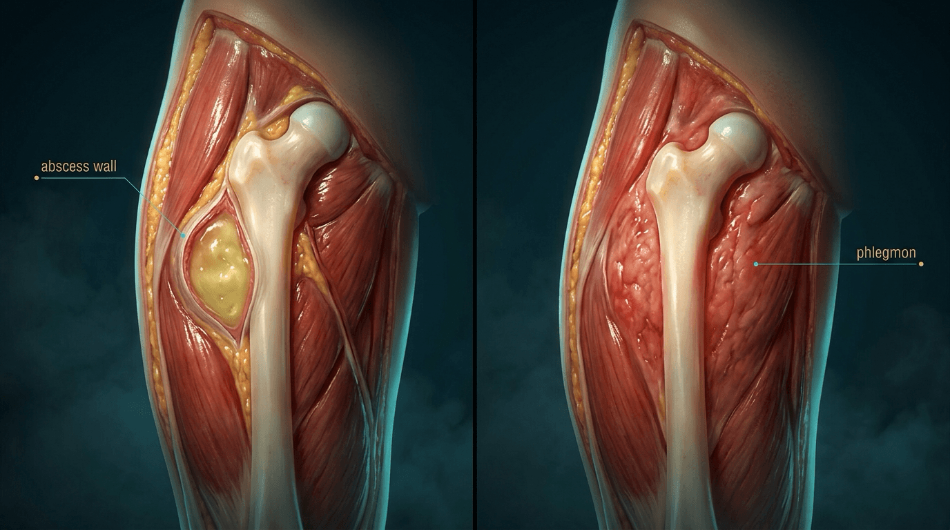 Two-panel thigh cutaway with printed labels: left, a walled collection with a liquid centre labelled abscess wall; right, diffusely inflamed tissue without a capsule labelled phlegmon.