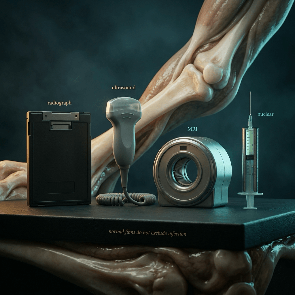 Imaging-pathway graphic: a radiograph cassette, ultrasound probe, MRI gantry and a syringe labelled nuclear arranged on a bench in the order they are used when musculoskeletal infection is suspected, with the line 'normal films do not exclude infection' printed beneath.
