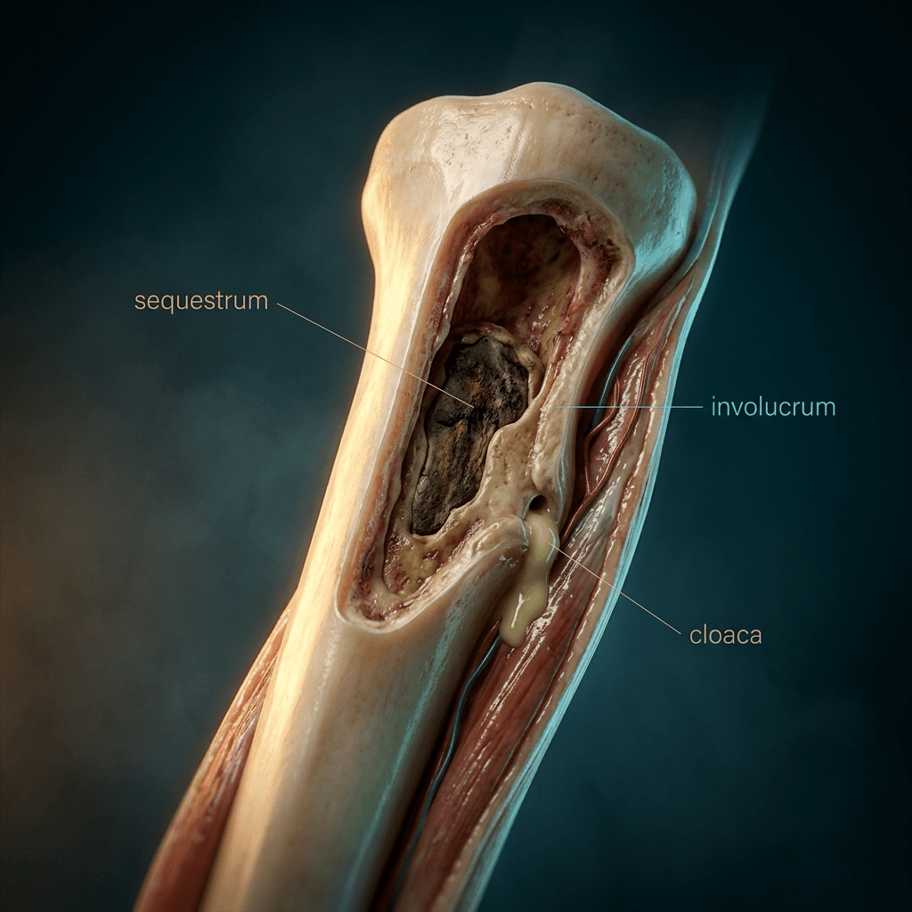 Long-bone cutaway of chronic osteomyelitis with printed labels: a dark sequestrum inside a cavity, the involucrum shell around it, and a cloaca through the cortex with pus draining out.