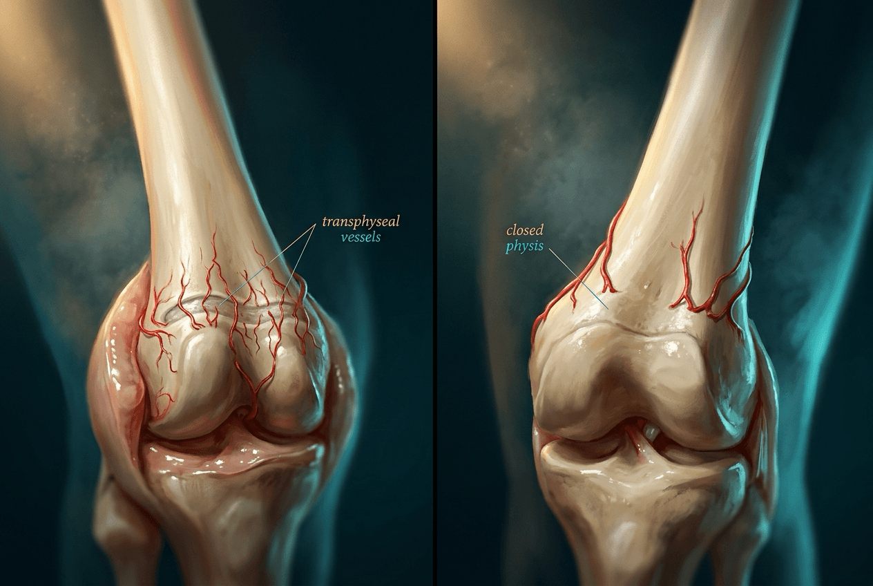 Two-panel long-bone illustration with printed labels: left, red transphyseal vessels crossing an open physis into the epiphysis; right, a closed physis with the vessels stopping at the fused plate.