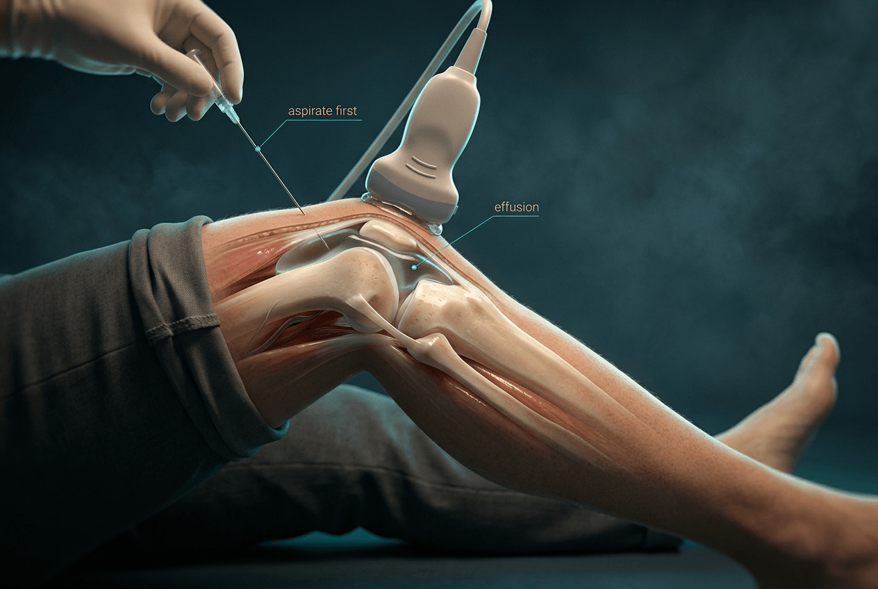 Knee with the trouser leg rolled up, an ultrasound probe held above the patella and a needle entering the joint; printed labels read 'aspirate first' and 'effusion'.