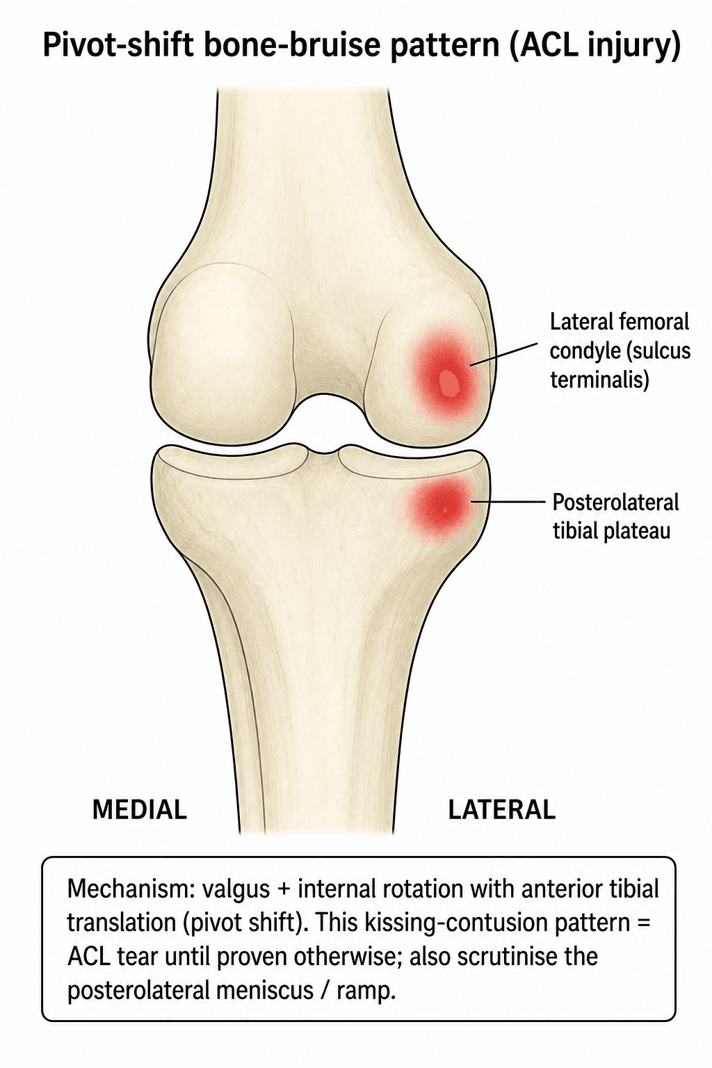 Coronal knee schematic showing kissing bone bruises of the lateral femoral condyle and posterolateral tibial plateau in the pivot-shift ACL pattern