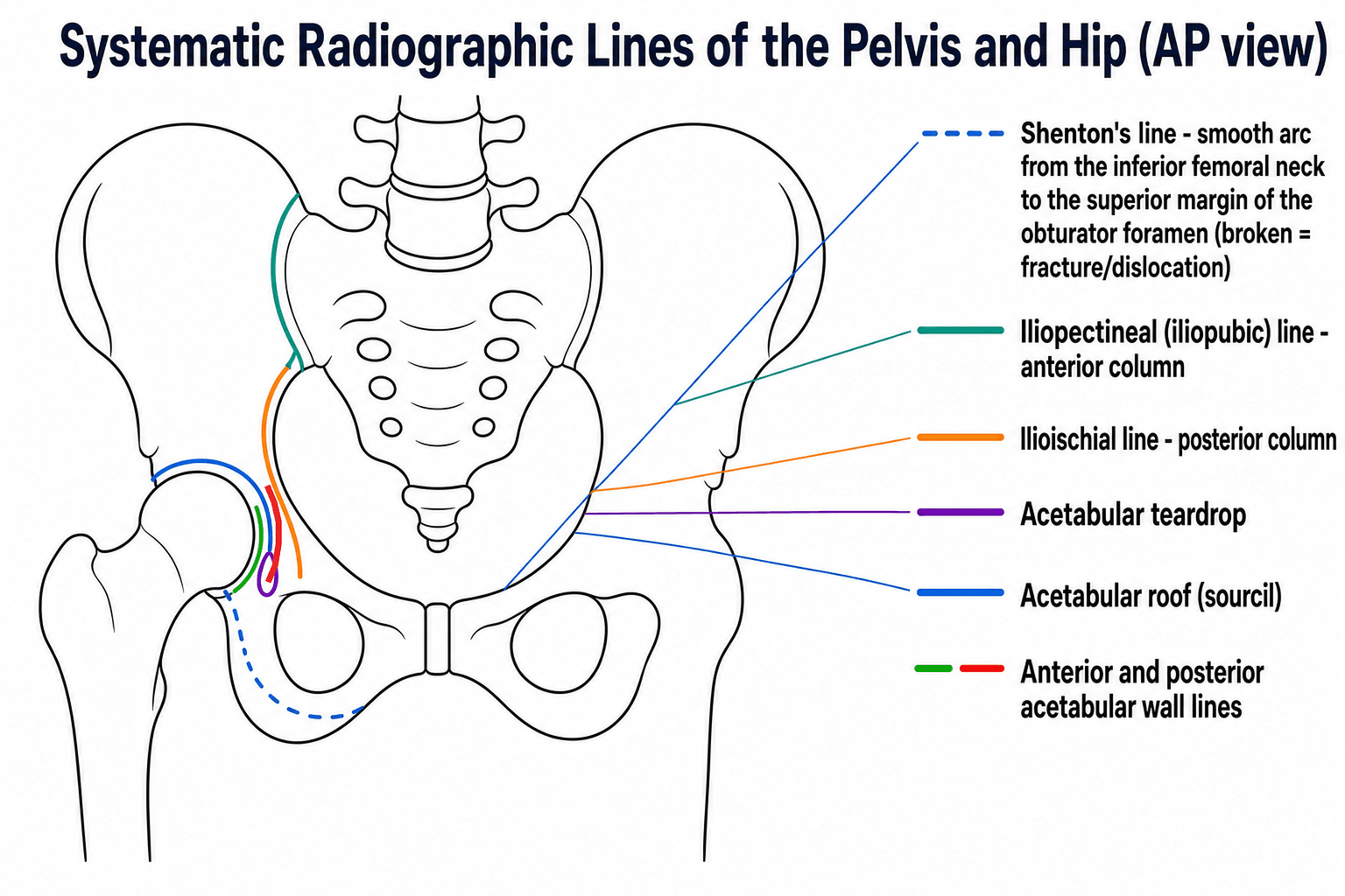Diagram of the systematic radiographic lines of the AP pelvis: Shenton's line, iliopectineal and ilioischial lines, teardrop, acetabular roof and walls.