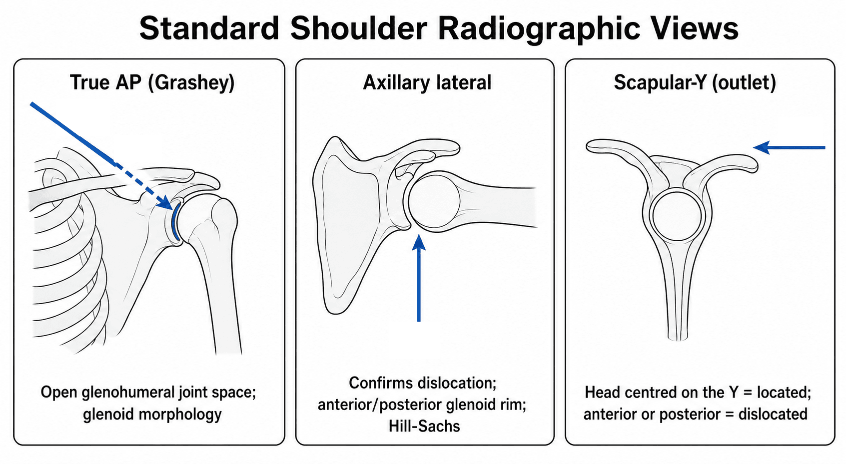 Diagram of the three standard shoulder radiographic projections: true AP (Grashey), axillary lateral, and scapular-Y (outlet).