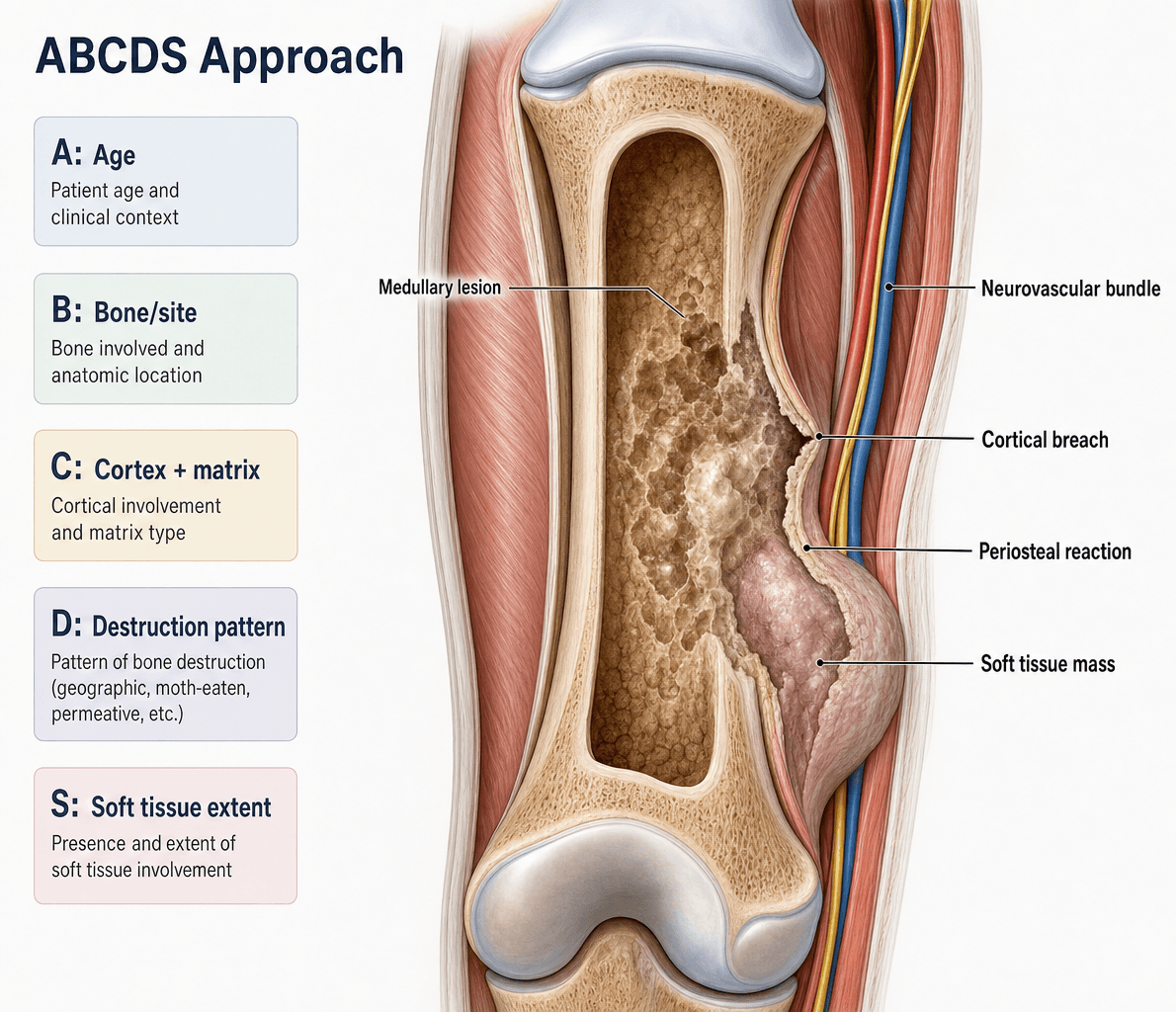 ABCDS framework for bone tumour imaging beside a cutaway long bone showing the aggressive features to assess.