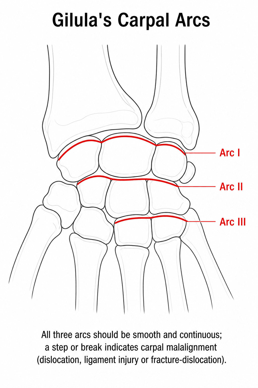 PA wrist diagram with Gilula's three carpal arcs drawn along the proximal and distal articular surfaces of the proximal carpal row and the proximal capitate and hamate.