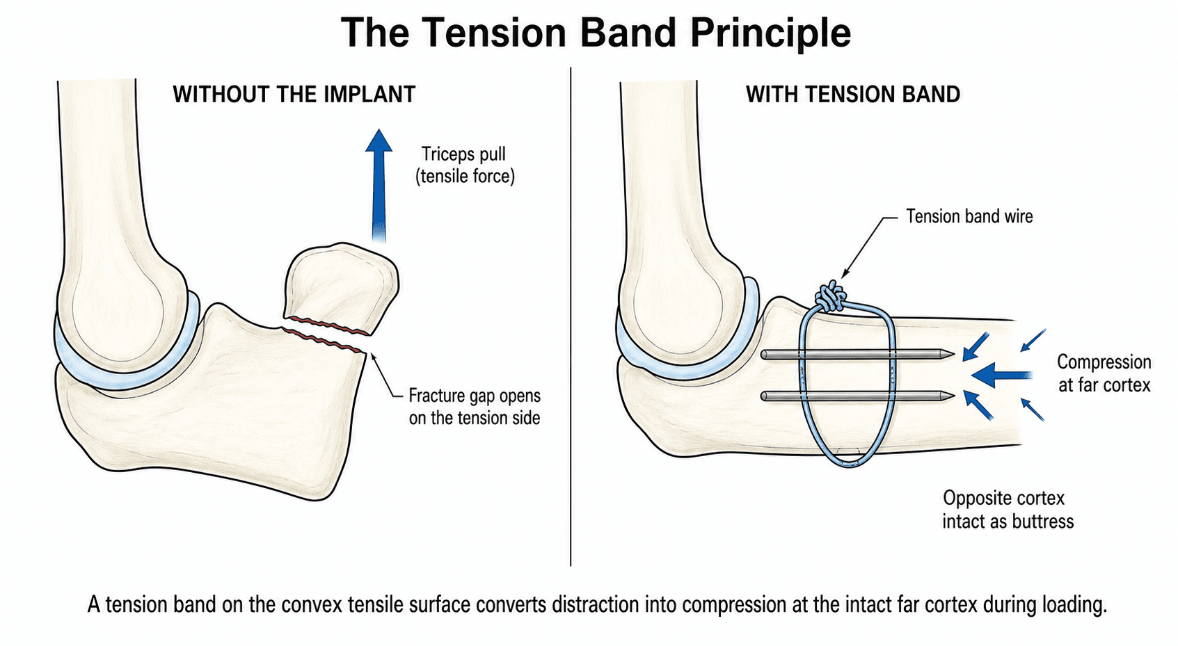 Two-panel schematic of the tension band principle on an olecranon fracture: without the implant the triceps pull opens the fracture gap on the tension side; with a K-wire and figure-of-eight tension band the distraction is converted into compression at the intact far cortex.