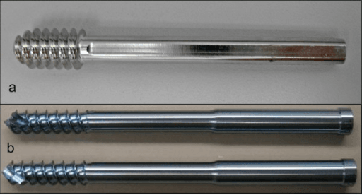 a) DHS single lag screw, and b) Endovis dual lag screws with self-drilling and self-tapping screw tip.