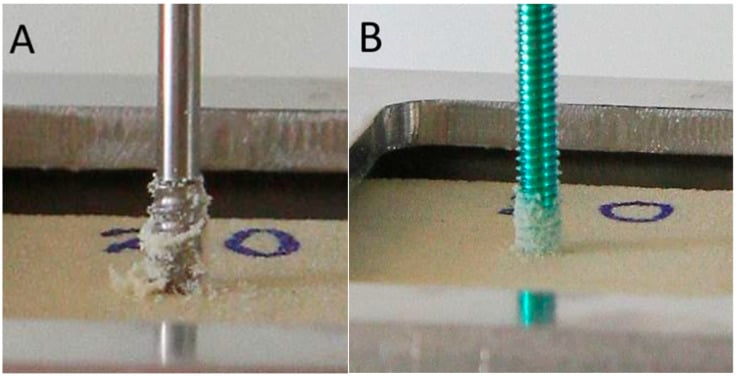 Synthetic bone blocks after axial pullout showing the material removed by a modified cancellous screw and a conventional locking screw.