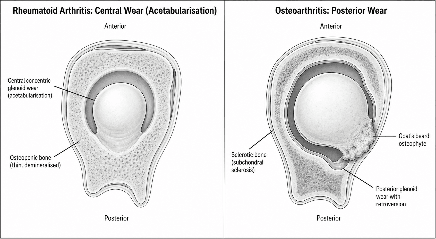 Comparison of RA central glenoid wear (acetabularisation) versus OA posterior glenoid wear