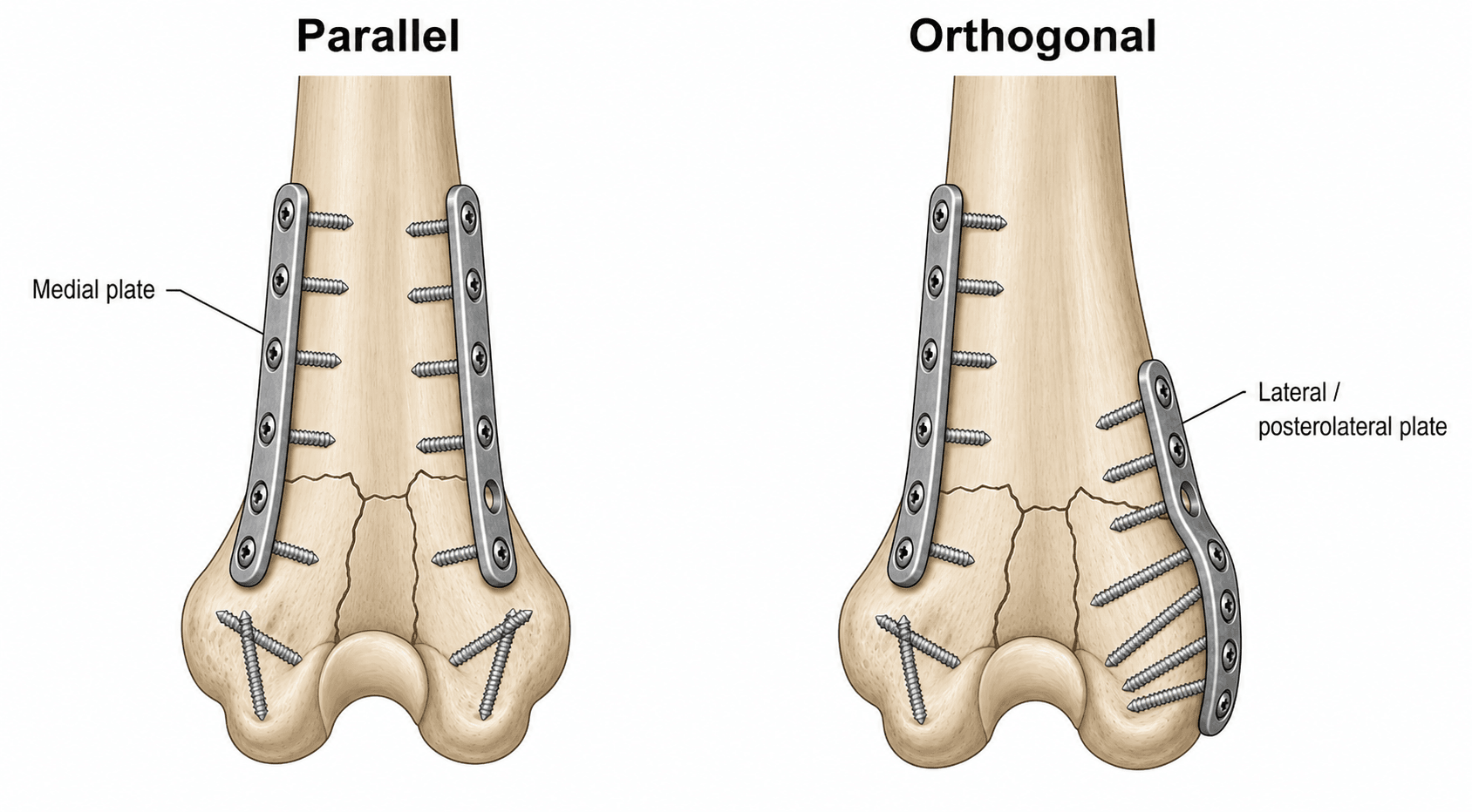 Labelled diagram comparing parallel (medial + lateral) and orthogonal (posterolateral + medial) dual-plating configurations for a distal humerus fracture.