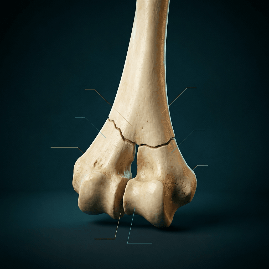 Illustration of a distal humerus with an intercondylar fracture: a fracture line crosses the bone above the condyles and a vertical split runs down between them, dividing the articular block into two fragments.