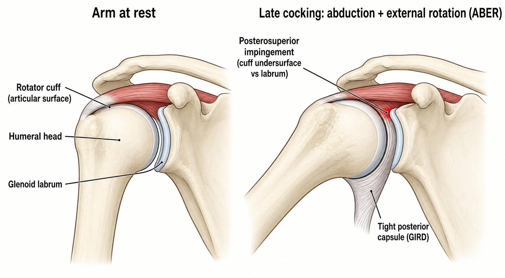 Diagram contrasting the shoulder at rest with the abduction-external-rotation position that causes internal impingement.