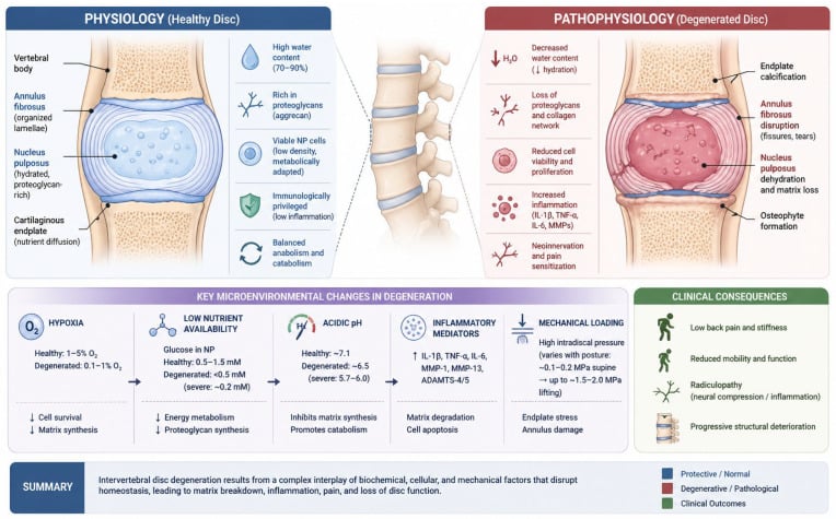 Diagram comparing a hydrated healthy intervertebral disc with a degenerated disc