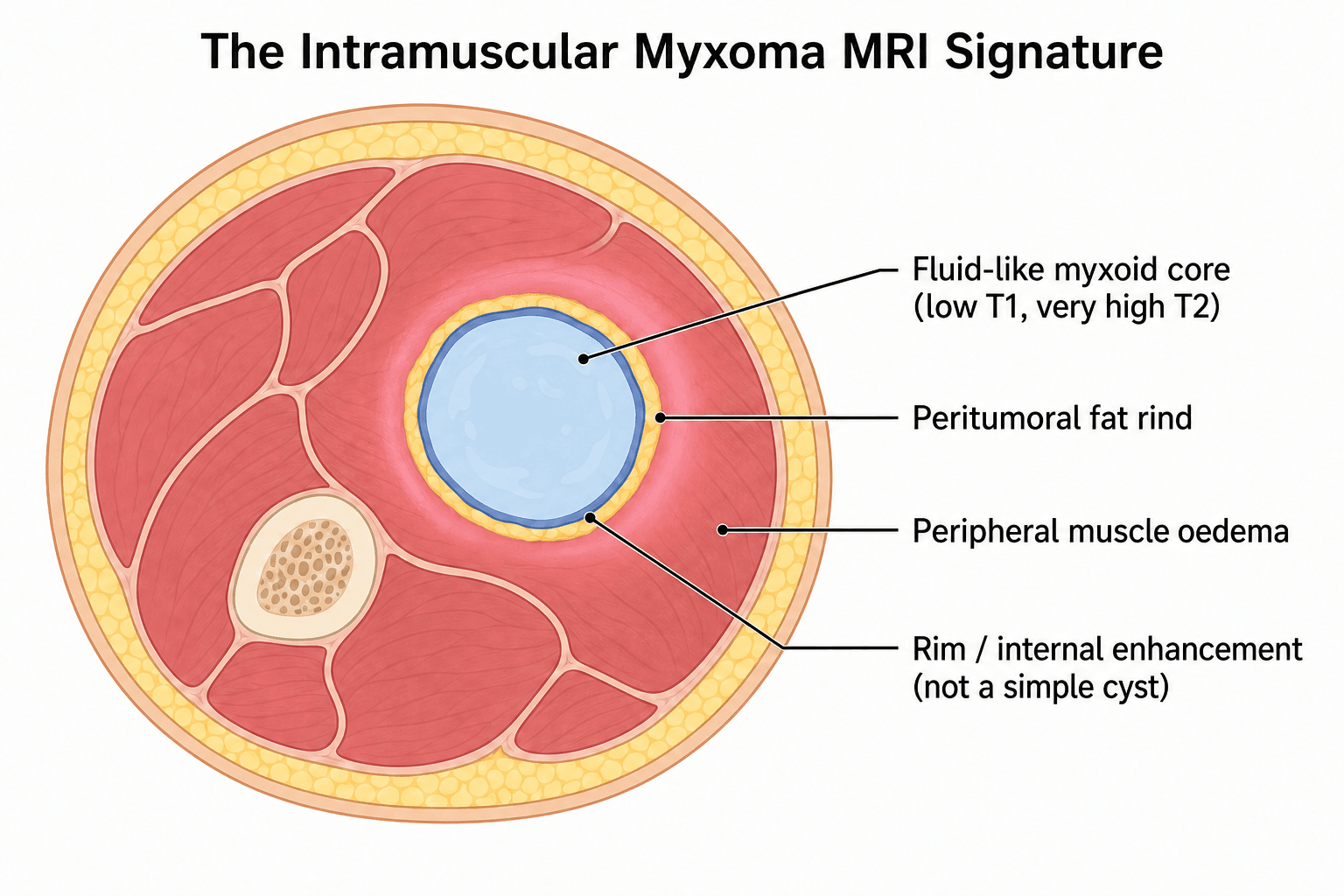 Schematic cross-section of a thigh showing the four MRI features of intramuscular myxoma: fluid-like myxoid core, peritumoral fat rind, peripheral muscle oedema, and rim/internal enhancement