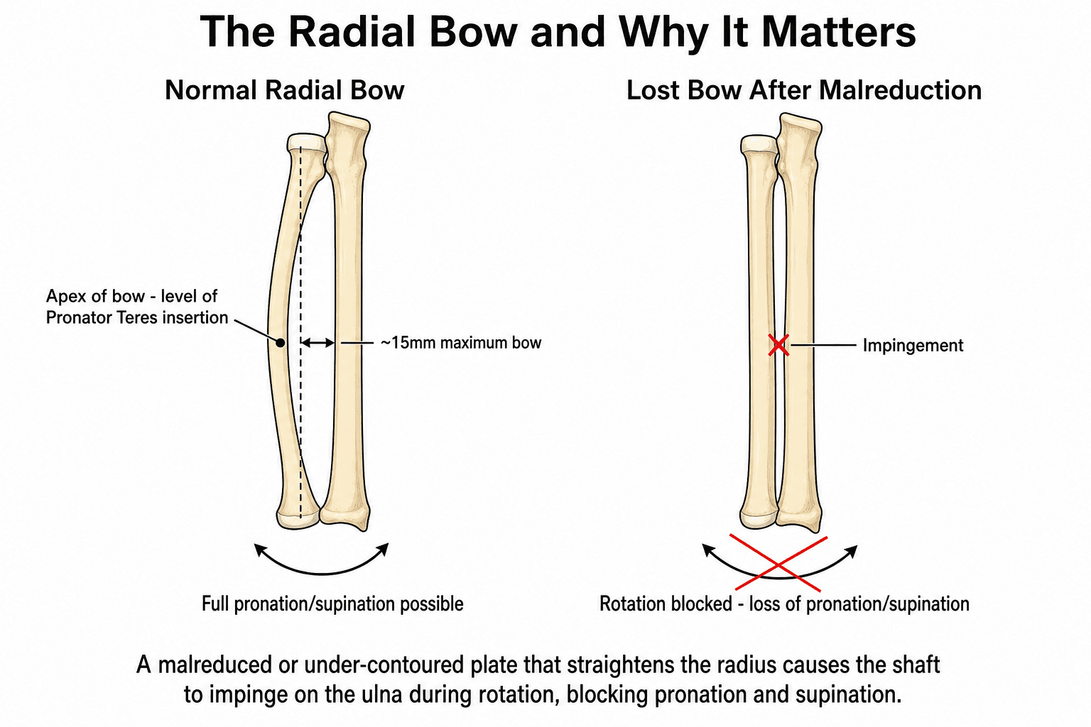 Schematic diagram comparing a normal radial bow allowing full forearm rotation against a straightened, malreduced radius impinging on the ulna and blocking rotation