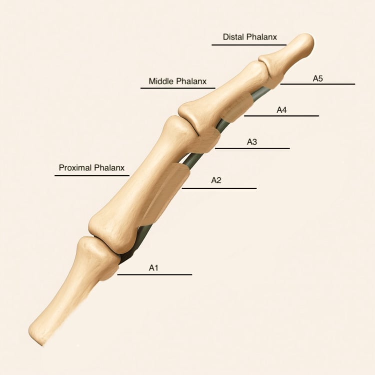 Schematic lateral view of a finger showing the A1 to A5 annular flexor pulleys in relation to the phalanges and interphalangeal joints.