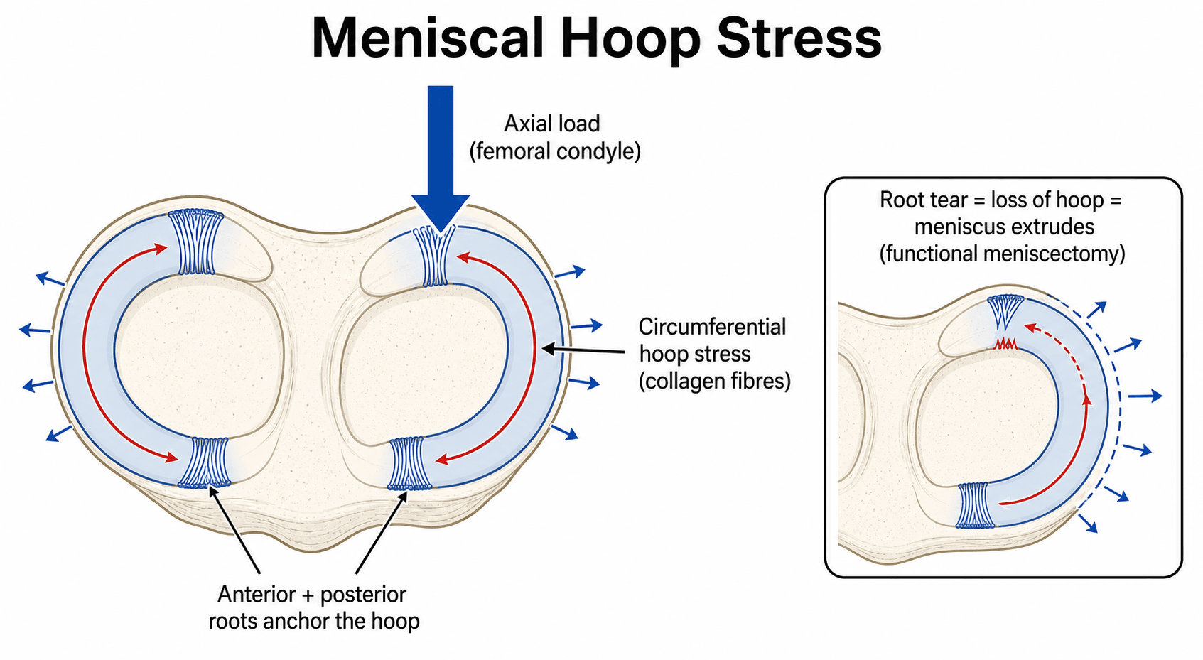 Top-down schematic of the menisci showing axial load converted into circumferential hoop stress anchored at the roots, and the loss of hoop function after a root tear.