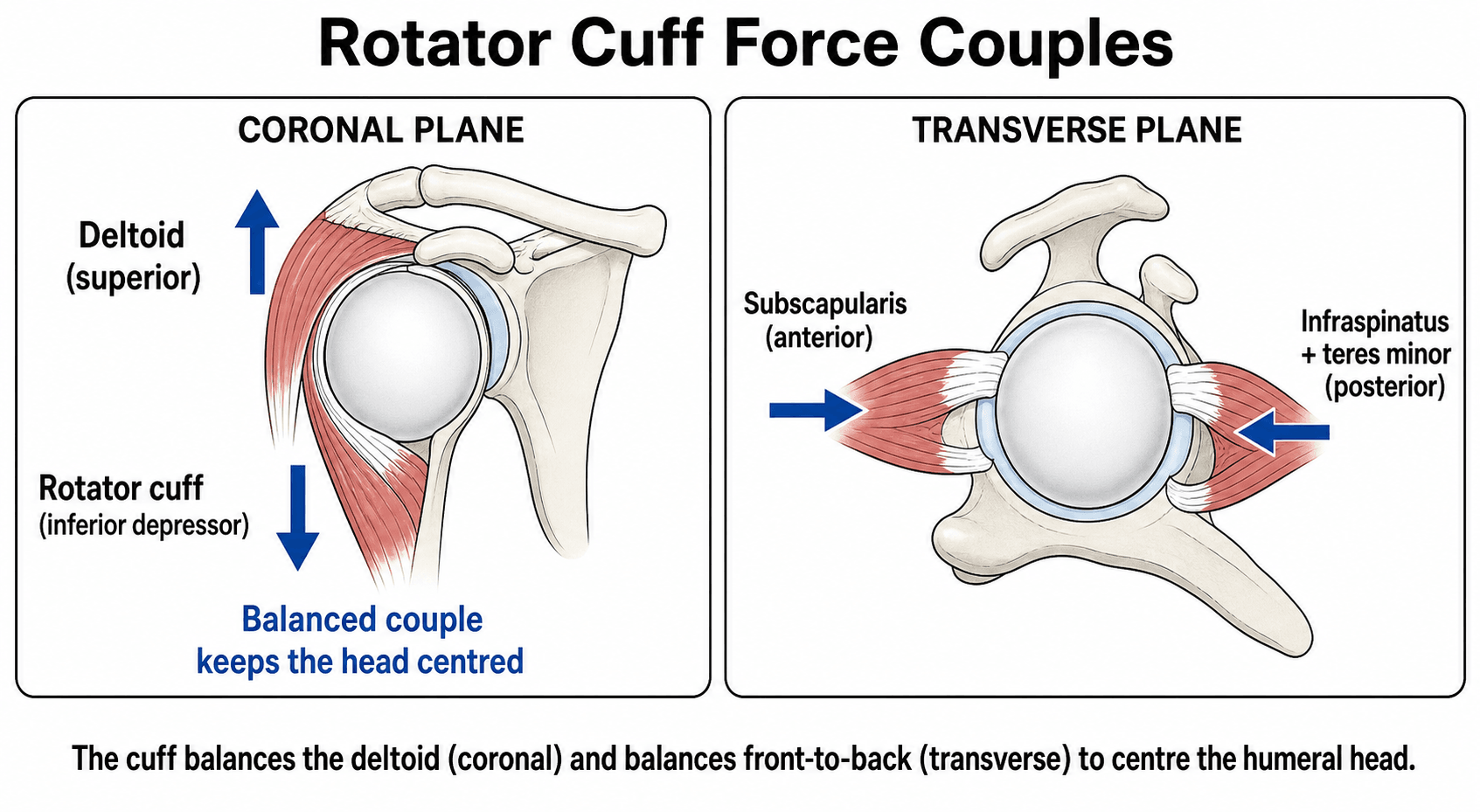 Two-panel schematic of the rotator cuff force couples: coronal plane (deltoid superior versus rotator-cuff inferior depressor) and transverse plane (subscapularis anterior versus infraspinatus and teres minor posterior), centring the humeral head.