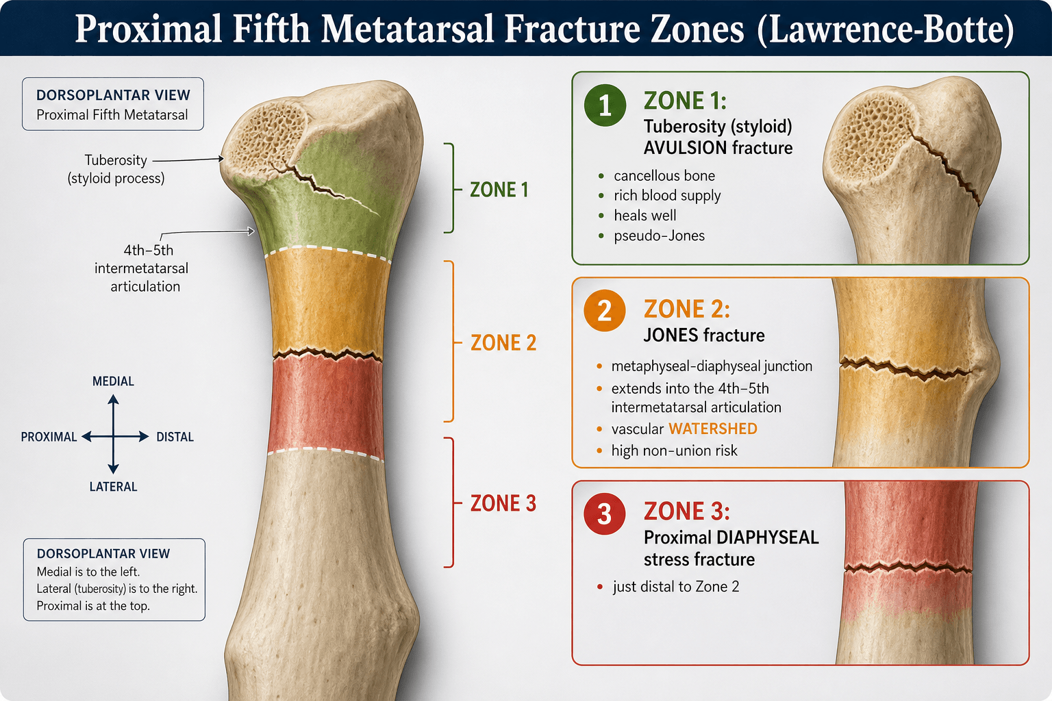 proximal fifth metatarsal fracture zones