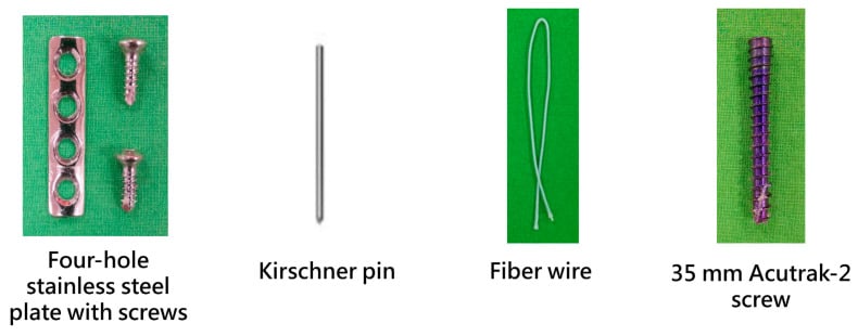 Photograph of a four-hole plate with screws, a Kirschner wire, fibre wire and a headless compression screw