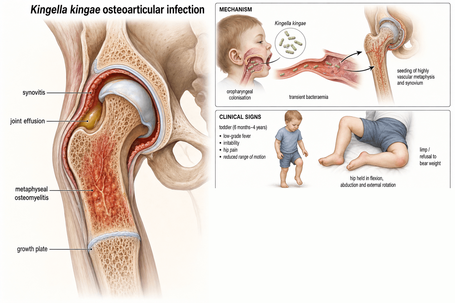 Three-panel diagram of Kingella kingae osteoarticular infection: pediatric hip pathoanatomy, the pathogenesis mechanism and the clinical signs.