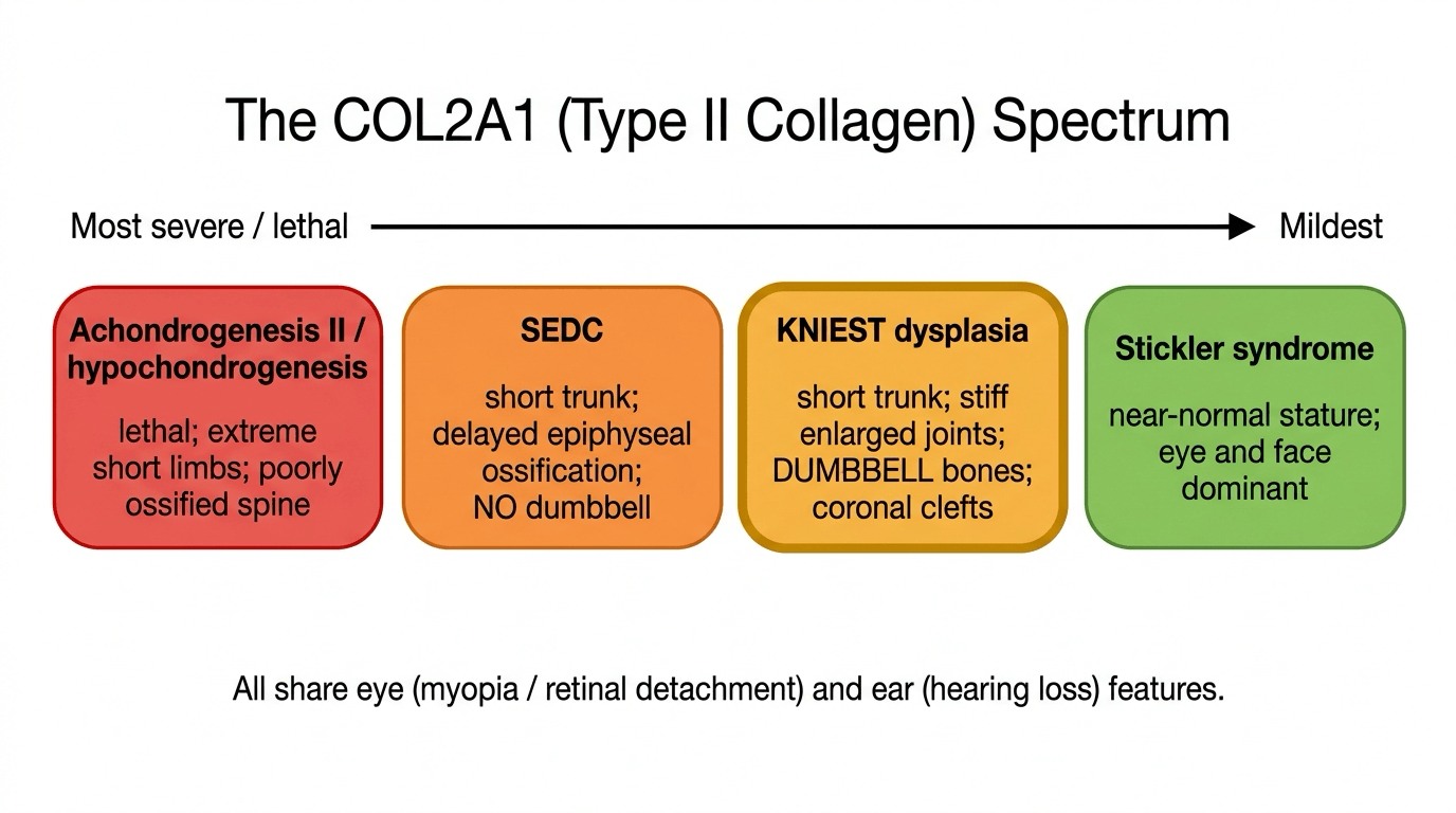 Severity ladder of the COL2A1 type II collagen disorders from lethal achondrogenesis II through SEDC and Kniest to Stickler syndrome