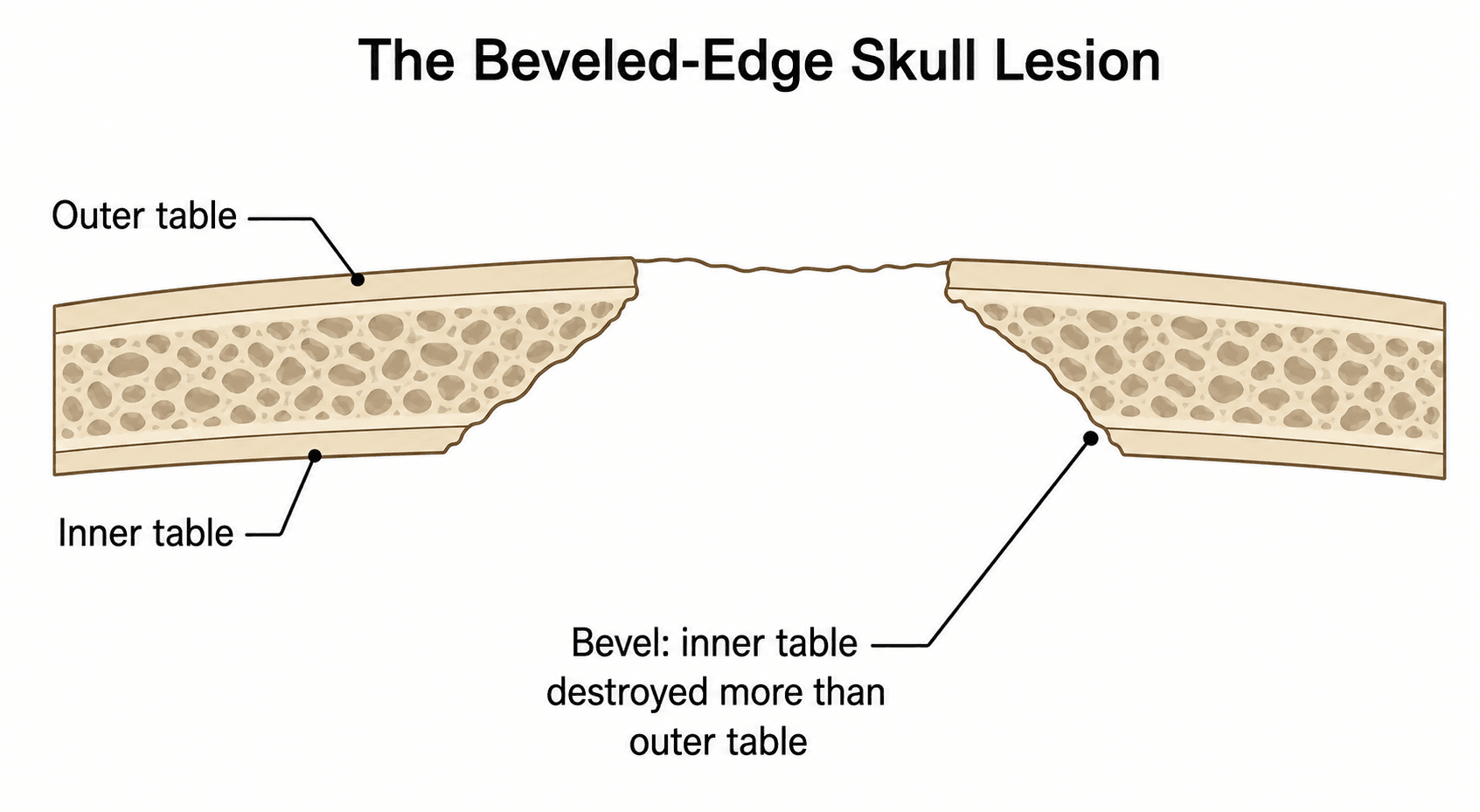 Schematic cross-section of a beveled-edge skull lesion showing the inner table destroyed over a wider area than the outer table