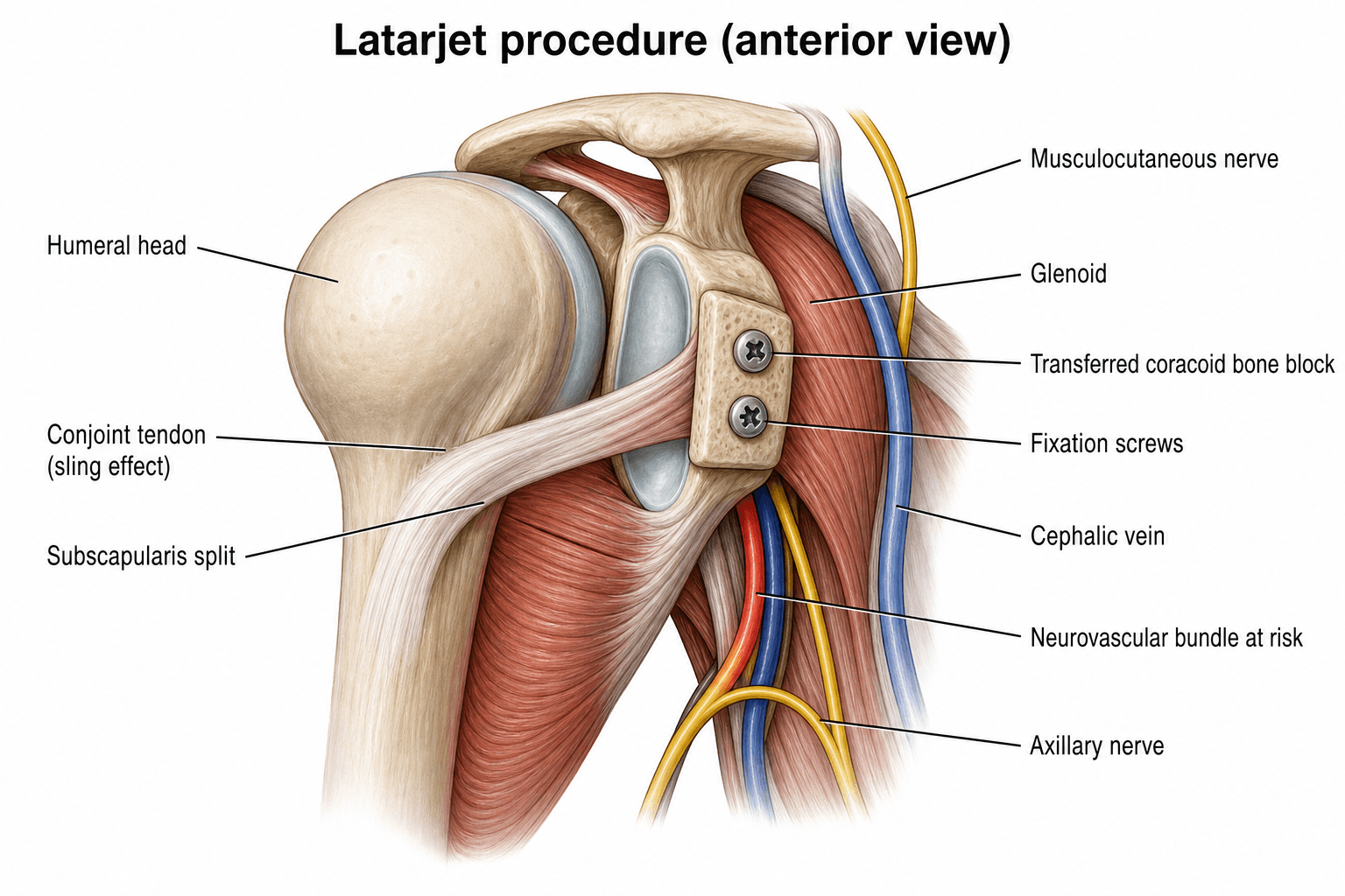 Anterior-view diagram of the Latarjet construct: transferred coracoid bone block fixed to the anterior glenoid with two screws, the conjoint tendon passing through a subscapularis split as a sling, and the musculocutaneous and axillary nerves at risk.