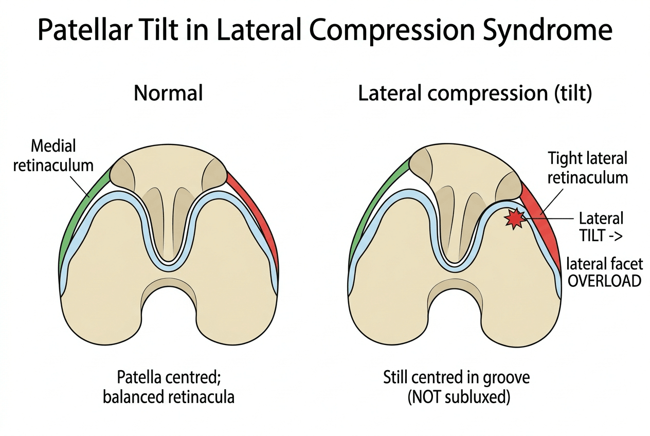 Axial patellofemoral diagram comparing a normal centred patella with lateral patellar compression, where a tight lateral retinaculum tilts the patella and overloads the lateral facet without subluxation