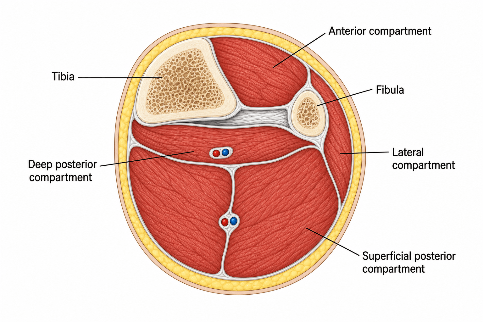 Labelled axial cross-section of the mid-leg showing the four osteofascial compartments, tibia, fibula and neurovascular bundles.