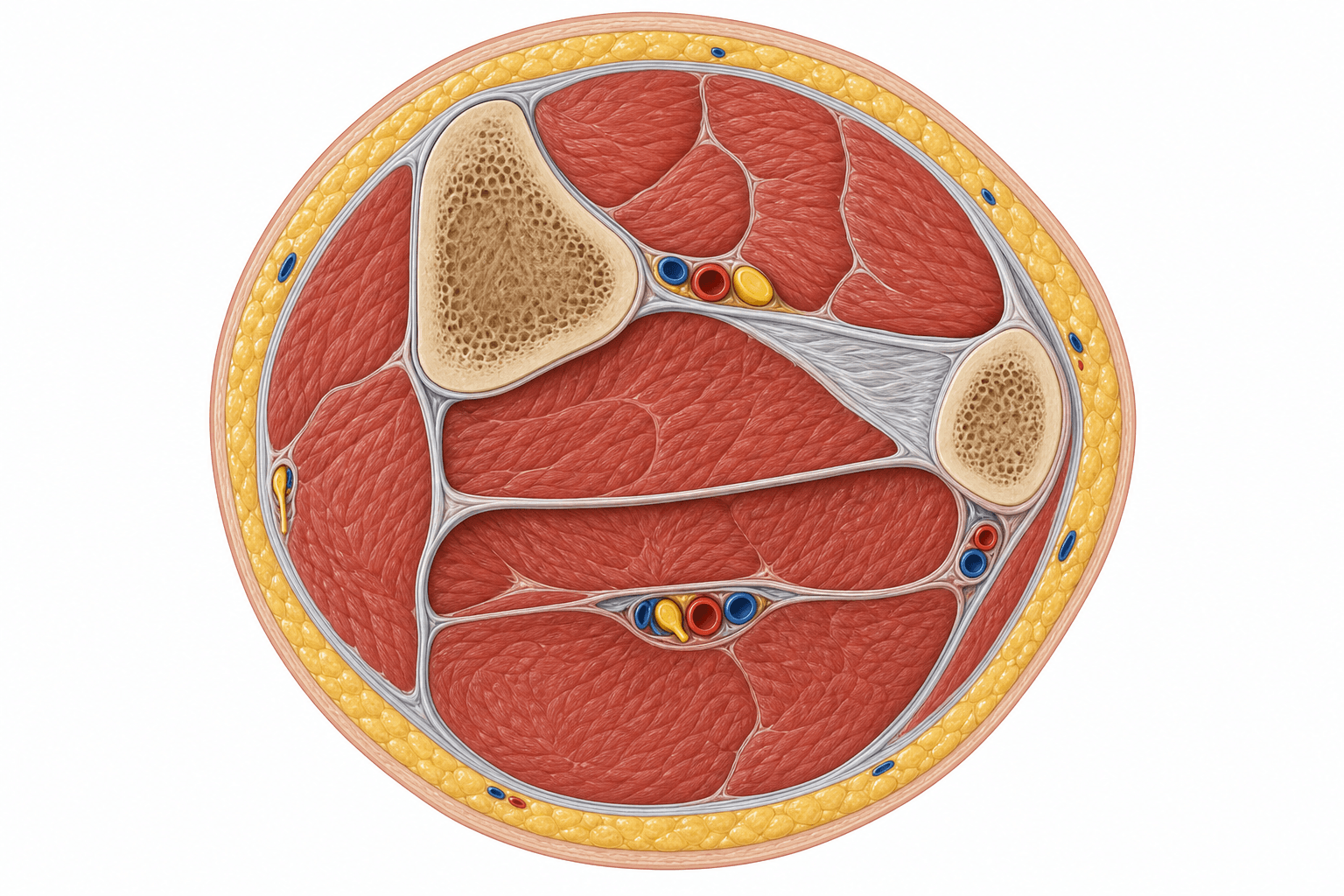 Axial cross-section of the mid-leg showing the four osteofascial compartments with their muscles, nerves and vessels.