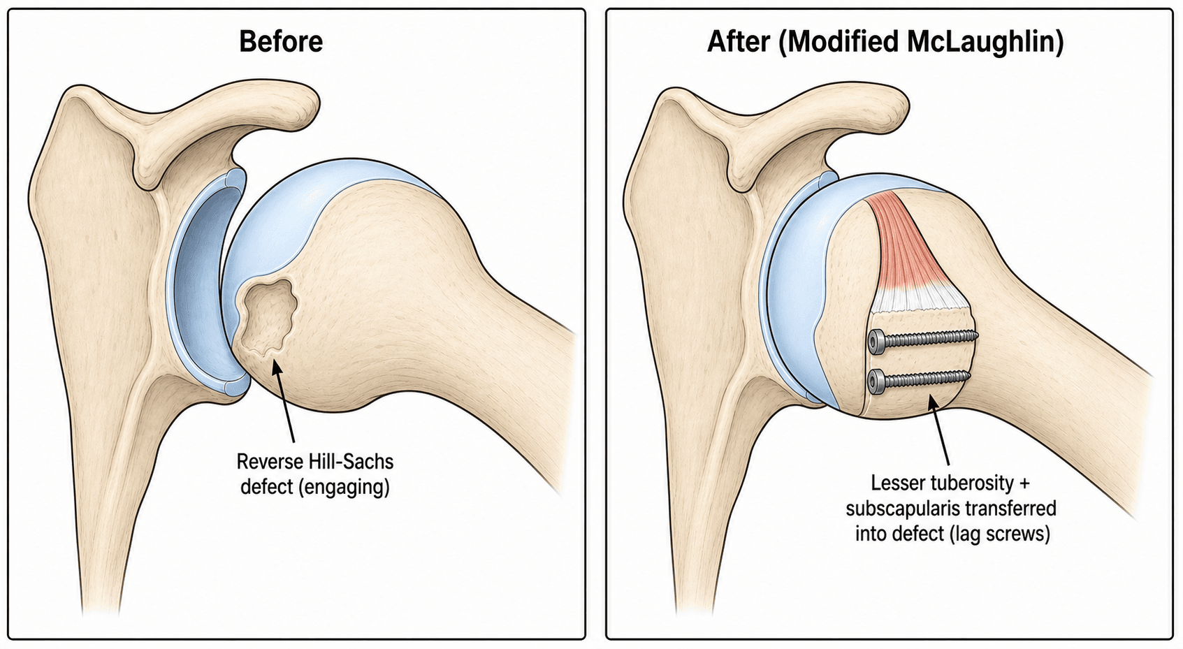 Before-and-after diagram of the modified McLaughlin procedure showing the reverse Hill-Sachs defect and the lesser tuberosity plus subscapularis transferred into the defect with lag screws