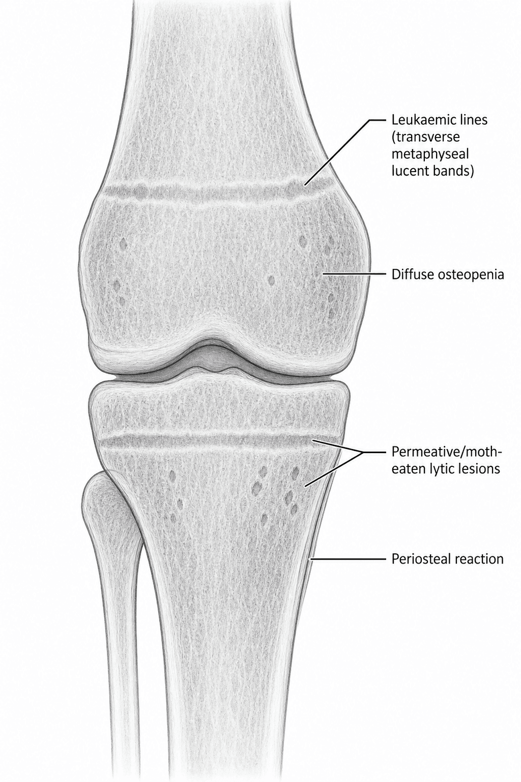 Diagram of a child's knee showing leukaemic bone features: metaphyseal lucent bands, osteopenia, permeative lytic lesions and periosteal reaction