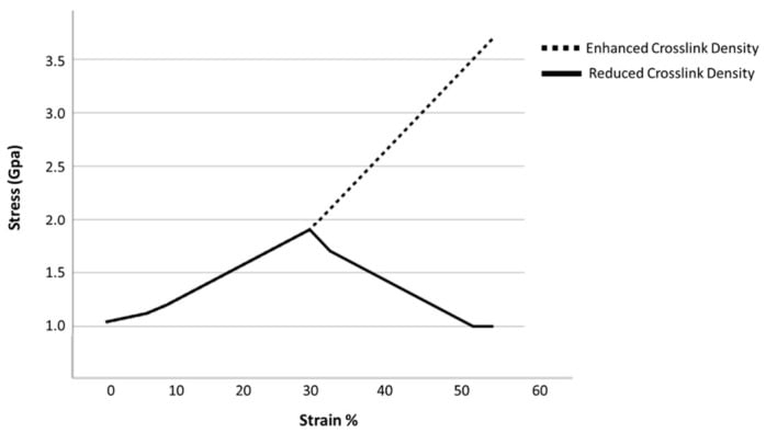 Stress-strain curves comparing collagen with enhanced and reduced cross-link density