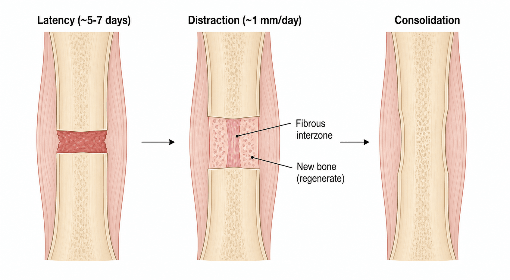 Schematic of the three phases of distraction osteogenesis: latency, distraction with a central fibrous interzone and regenerate, and consolidation.