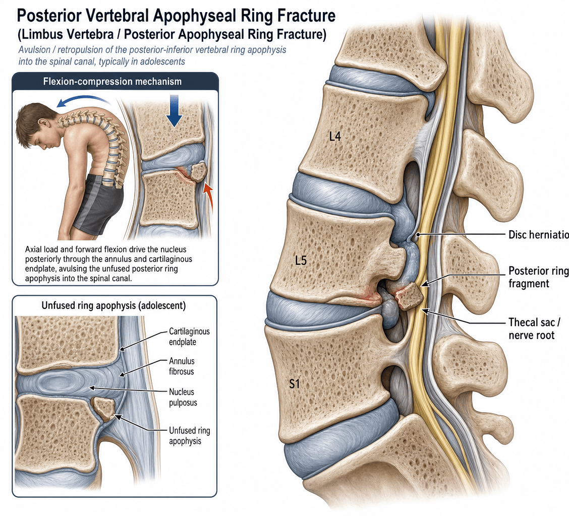 Illustration of the posterior vertebral apophyseal ring fracture mechanism, the unfused ring apophysis and the avulsed fragment in the spinal canal