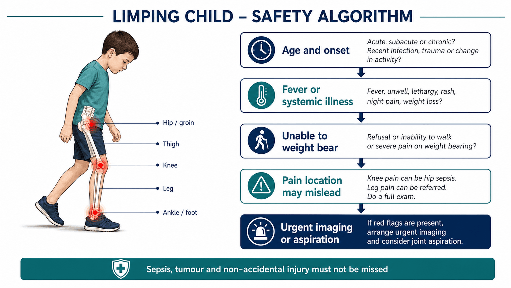 Limping child safety algorithm showing age, onset, fever, weight bearing, misleading pain location and urgent imaging or aspiration