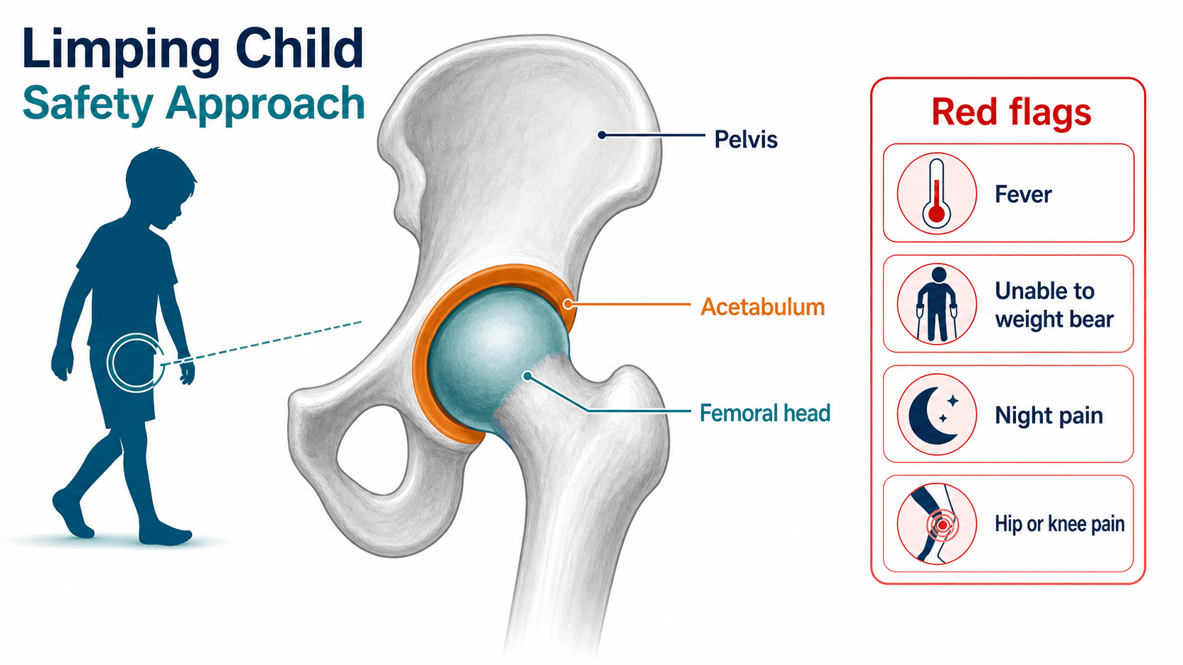 Labelled hip anatomy (pelvis, acetabulum, femoral head) alongside the red flags of the limping child.