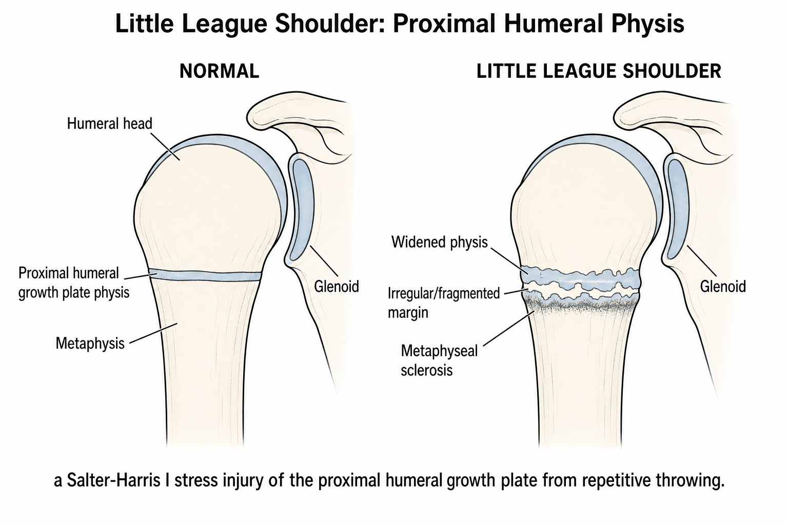 Two-panel schematic comparing a normal proximal humeral physis with the widened, irregular and fragmented physis of Little League shoulder, with metaphyseal sclerosis.
