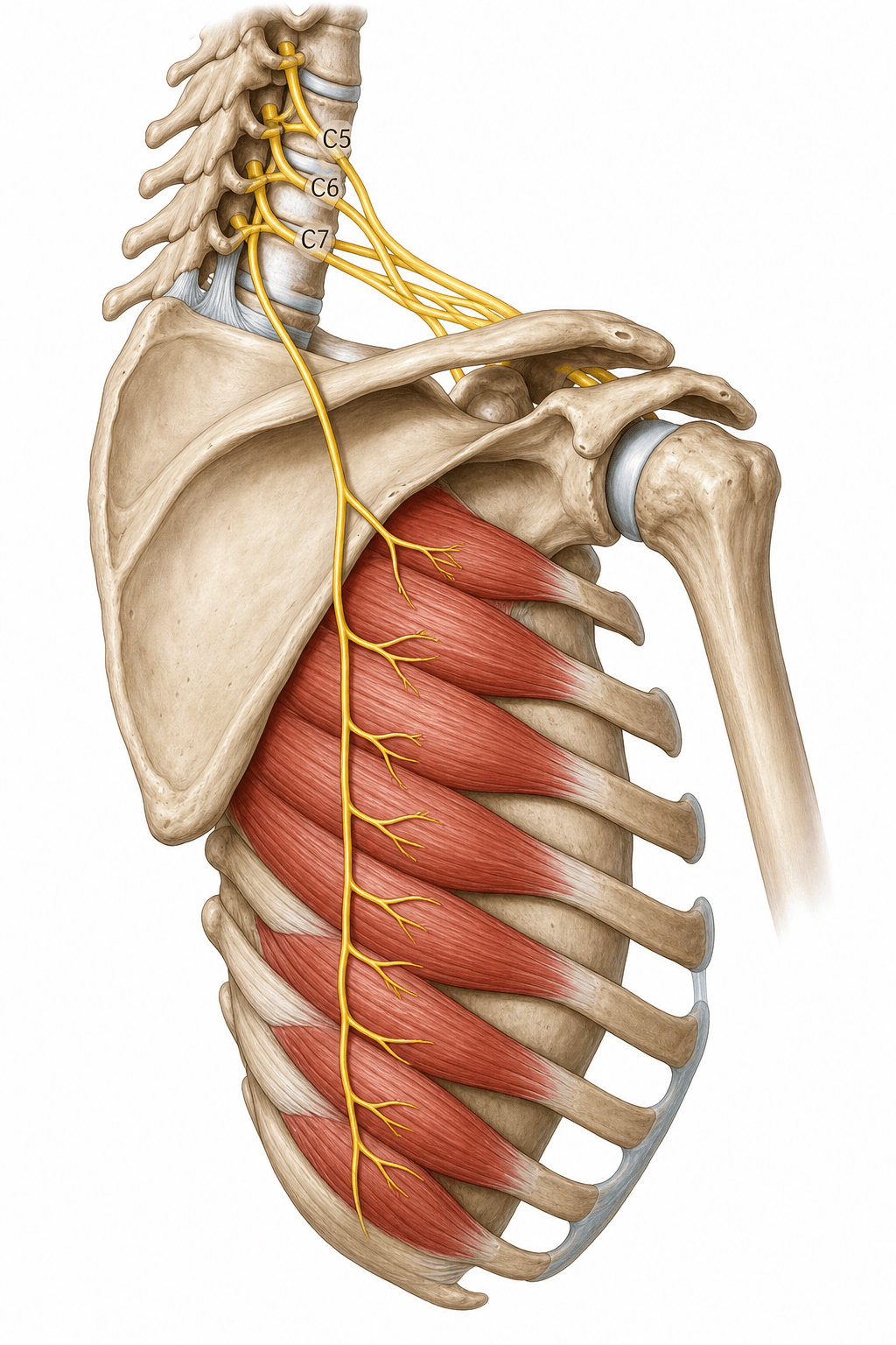 Anatomical illustration of the long thoracic nerve descending on the serratus anterior muscle of the lateral chest wall.