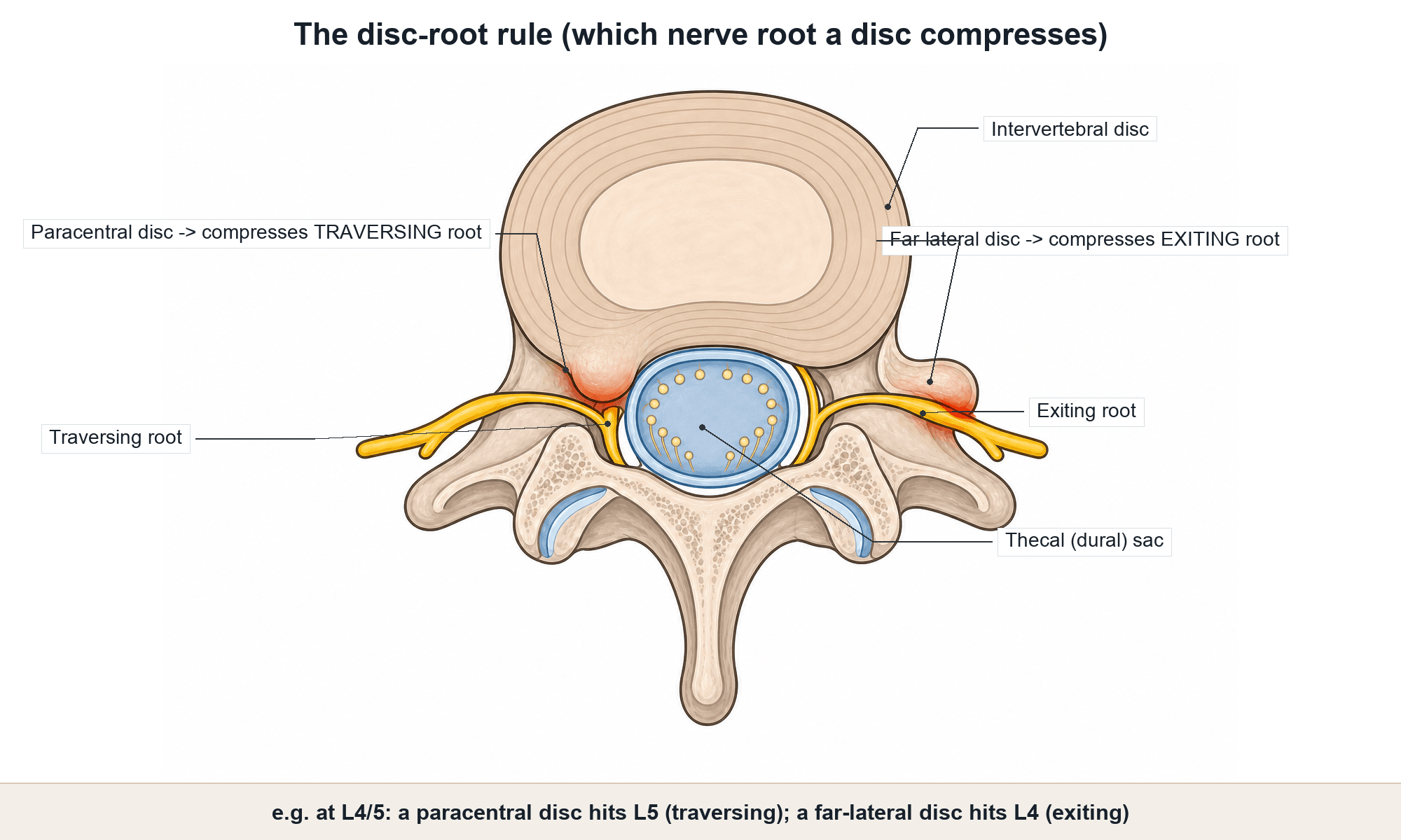 Axial lumbar diagram showing a paracentral disc herniation compressing the traversing nerve root and a far-lateral disc herniation compressing the exiting root